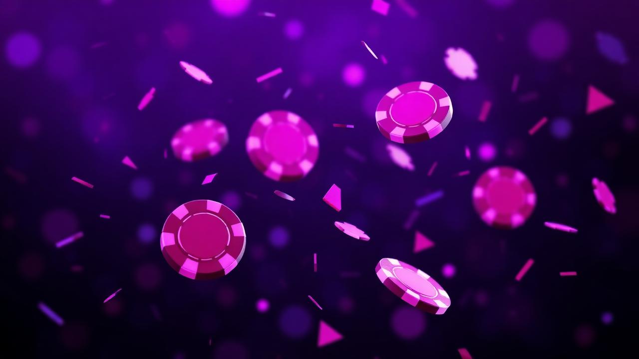 Floating purple casino chips en confetti on a deep violet background.