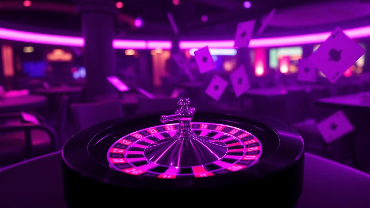 Live roulette wheel in purple ambient light with playing cards.