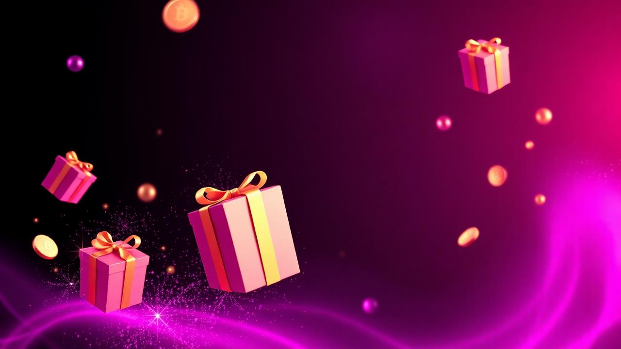 Floating purple gift boxes en glowing coin shapes on a deep violet background.